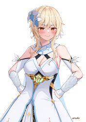 1girl absurdres arm_guards armpits blonde_hair blush breasts c: cleavage commentary_request criss-cross_halter detached_sleeves dress feather_hair_ornament feathers flower genshin_impact hair_between_eyes hair_flower hair_ornament halterneck hands_on_own_hips highres long_sleeves looking_at_viewer lumine_(genshin_impact) medium_breasts mizoshi-x orange_eyes scarf short_hair short_hair_with_long_locks sidelocks simple_background smile smug solo white_background white_dress white_scarf