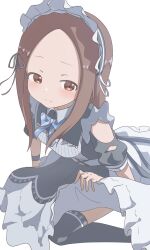 1girl apron black_dress black_pantyhose blue_bow bow breasts brown_eyes brown_hair child closed_mouth clothes_lift collared_dress commentary_request dress forehead frilled_dress frilled_headwear frills hair_ribbon highres karakai_jouzu_no_takagi-san kneeling kokoaalala33 long_hair maid maid_apron maid_headdress pantyhose ribbon simple_background skirt skirt_lift small_breasts solo straight_hair takagi-san two-tone_dress white_background white_dress