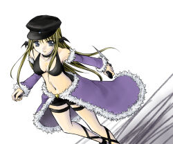 1girl 2000s_(style) black_hat black_shorts black_tank_top blonde_hair breasts cape clothing_cutout commentary_request dagger detached_sleeves feet_out_of_frame fur-trimmed_cape fur-trimmed_sleeves fur_trim grey_eyes hat holding holding_dagger holding_knife holding_weapon knife koruneiyu long_hair looking_at_viewer medium_breasts navel open_mouth peaked_cap purple_cape purple_sleeves ragnarok_online reverse_grip short_shorts shorts smile solo stalker_(ragnarok_online) stomach_cutout tank_top waist_cape weapon white_background