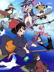 absurdres animal bird black_cat black_dress black_hair blonde_hair bmo bongfill boots bow broom broom_riding brown_hair cat character_request copyright_request double_bun dress genre_connection gloves hair_bow hair_bun hair_ornament hairband harukaze_doremi hat highres jewelry jiji_(majo_no_takkyuubin) kagari_atsuko kamek kiki_(majo_no_takkyuubin) kirisame_marisa little_witch_academia long_hair luna_nova_school_uniform magical_girl majo_no_takkyuubin mario_(series) medusa_gorgon multiple_girls nintendo ojamajo_doremi open_mouth pink_eyes pink_hair pink_hat red_bow red_hairband school_uniform seagull short_hair smile soul_eater touhou white_hair witch witch_hat