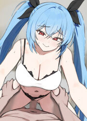Rule 34 | 1boy, 1girl, bare shoulders, black bra, black panties, blue hair, bra, breasts, censored, cleavage, closed mouth, clothing aside, commentary, commission, cowgirl position, crossed bangs, dutch angle, english commentary, girl on top, gluteal fold, grey background, hair between eyes, hands on another&#039;s hips, hetero, highres, large breasts, light blush, long hair, looking at viewer, mosaic censoring, navel, original, panties, panties aside, penis, pov, pussy, red eyes, sex, smile, solo focus, straddling, sweat, tank top, twin (tt lsh), twintails, underwear, vaginal, white tank top
