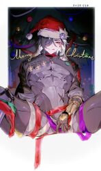 Rule 34 | 1boy, black hair, boothill (honkai: star rail), bullet earrings, christmas tree, cross scar, crosshair pupils, cyborg, earrings, grey armor, hair over one eye, hand on own crotch, hat, highres, honkai: star rail, honkai (series), jewelry, long hair, looking at viewer, male focus, merry christmas, multicolored hair, muscular, muscular male, red eyes, red pupils, santa hat, scar, sexually suggestive, sheriff badge, sitismlip00, sitting, solo, split-color hair, spread legs, tongue, tongue out, two-tone hair, white hair