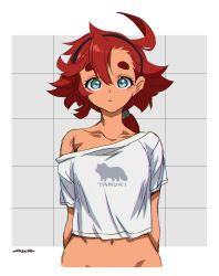 Rule 34 | 1girl, ahoge, aqua eyes, collarbone, commentary, dark-skinned female, dark skin, grey background, grid background, gundam, gundam suisei no majo, highres, long hair, looking at viewer, low ponytail, mudou eichi, ponytail, red hair, shirt slip, short sleeves, signature, solo, suletta mercury, upper body