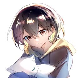 1girl animal animalization bang_dream! bang_dream!_it&#039;s_mygo!!!!! brown_eyes cat grey_hair hibioes holding holding_animal holding_cat hood hood_down hoodie kaname_raana open_mouth raana_the_cat short_hair simple_background solo takamatsu_tomori upper_body white_background