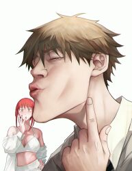 1boy 1girl :o absurdres blush bra chainsaw_man chiseled_face denji_(chainsaw_man) hand_on_own_hip highres inkspirate jacket looking_at_viewer makima_(chainsaw_man) male_focus meme mewing_(meme) necktie open_clothes open_jacket pointing puckered_lips red_hair red_nails shirt tagme underwear white_bra white_jacket white_shirt