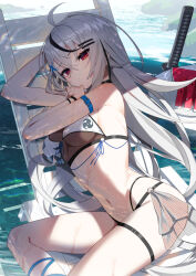 1girl ahoge bare_shoulders beach_chair bikini black_hair breasts food fruit grey_hair highres katana long_hair looking_at_viewer medium_breasts multicolored_hair navel red_eyes sbi_e-sports scottie_(phantom2) shade shunsui_rei sitting solo streaked_hair swimsuit sword thigh_strap thighs virtual_youtuber watermelon watermelon_slice weapon white_bikini