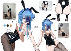 1girl absurdres alternate_costume animal_ears ass black-framed_eyewear black_leotard black_shoes blue_hair breasts brown_pantyhose brown_thighhighs cleavage color_guide commentary english_commentary facial_mark fake_animal_ears fake_tail fishnet_pantyhose fishnet_thighhighs fishnets from_behind from_side hair_bun hair_over_shoulder hand_rest hand_up high_heels highres holding holding_phone hololive hoshimachi_suisei leotard long_hair looking_at_viewer mark_under_eye medium_breasts multiple_views official_alternate_hairstyle pantyhose phone photo_inset playboy_bunny rabbit_ears rabbit_tail reference_inset semi-rimless_eyewear shoes single_hair_bun single_side_bun sitting star_(symbol) star_facial_mark strapless strapless_leotard tail thighhighs translation_request virgo76612871 virtual_youtuber wrist_cuffs