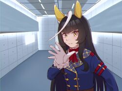 1girl ahoge animal_ears ascot black_hair blue_jacket breasts buttons calstone_light_o_(umamusume) closed_mouth double-breasted ear_covers expressionless gloves hand_up highres horse_ears indoors jacket jamiroquai long_hair long_sleeves looking_at_viewer multicolored_hair open_hand parody ram_(p_searam) shirt small_breasts solo split_mouth streaked_hair umamusume upper_body virtual_insanity_(song) white_gloves white_shirt yellow_eyes