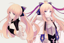 2girls armor artoria_caster_(fate) artoria_caster_(third_ascension)_(fate) artoria_pendragon_(fate) black_bow blonde_hair bow breastplate breasts capelet cleavage cleavage_cutout clothing_cutout crown dual_persona fate/grand_order fate_(series) fur-trimmed_capelet fur_trim green_eyes highres long_hair medium_breasts mini_crown multicolored_hair multiple_girls pink_hair suzuakks twintails two-tone_hair white_capelet