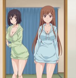 Rule 34 | 2girls, ass, ayane shirakawa, bikini, black bikini, black hair, breasts, brown hair, cleavage, curvy, highres, huge ass, huge breasts, kotone shirakawa, large breasts, long hair, multiple girls, overflow (anime), short hair, siblings, swimsuit, white bikini