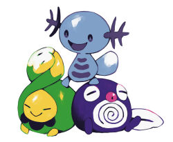 Rule 34 | bluekomadori, budew, closed eyes, full body, gen 1 pokemon, gen 2 pokemon, gen 4 pokemon, highres, limited palette, looking at another, nintendo, no humans, open mouth, pokemon, pokemon (creature), poliwag, simple background, sitting, white background, wooper