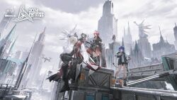 2boys 2girls ambience_synesthesia andoain_(arknights) arknights bird_tail black_footwear black_gloves black_pants black_shirt black_shorts black_skirt black_wings boots cityscape commentary_request dark_halo demon_horns demon_tail detached_wings drone energy_wings executor_(arknights) executor_the_ex_foedere_(arknights) feather_hair fiammetta_(arknights) fingerless_gloves fur-trimmed_jacket fur_trim gloves halo highres hood hooded_jacket horns jacket mostima_(arknights) multiple_boys multiple_girls necktie novelance open_clothes open_jacket pants quadcopter red_hair red_necktie shirt short_hair shorts skirt snowing statue tail thigh_strap white_hair white_shirt wings