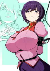 1boy 1girl araragi_koyomi arms_behind_back bdsm bell bondage bondage_gear bound breasts chain covered_erect_nipples hair_ornament hairclip hanekawa_tsubasa highres large_breasts monogatari_(series) naoetsu_high_school_uniform neck_bell pink_shirt purple_skirt rebake school_uniform shirt short_hair skirt
