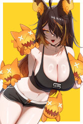 1girl :d ahoge animal_ear_fluff animal_ears arms_behind_back bad_id bad_twitter_id bare_arms bare_shoulders black_bra black_choker black_shorts border bra breasts brown_hair choker cleavage company_logo creature dolphin_shorts eyeshadow gradient_hair hair_over_one_eye highres indie_virtual_youtuber large_breasts long_bangs long_hair looking_at_viewer makeup mascot micro_shorts midriff multicolored_hair navel one_eye_covered open_mouth orange_eyeshadow orange_hair orange_streaks orange_theme pyro_pup_(sinder) red_ribbon ribbon ribbon-trimmed_shorts ribbon_trim shiny_skin shorts simple_background sinder_(vtuber) sinder_(vtuber)_(pyro_pajamas) smile solo sports_bra streaked_hair surrounded thick_thighs thighs underwear virtual_youtuber white_border wolf_ears wolf_girl x_x yachiyo_(psy_omachi) yellow_background yellow_eyes