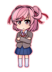 1girl angry blazer blue_skirt blush bob_cut buttons chibi chibi_only closed_mouth crossed_arms doki_doki_literature_club doki_doki_literature_club_school_uniform endarks full_body hair_ornament hair_ribbon hairclip jacket natsuki_(doki_doki_literature_club) outline pink_eyes pink_hair pink_outline red_ribbon ribbon school_uniform short_hair skirt solo standing thighhighs white_background white_thighhighs yellow_buttons