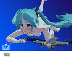1girl air_bubble album album_art album_cover album_cover_redraw barefoot bikini bird blowing_bubbles blue_eyes blue_hair breasts bubble character_request cleavage cover derivative_work hatsune_miku highres long_hair medium_breasts mikumikudance open_mouth submerged swimming swimsuit tokyo_jihen twintails underwater vocaloid voice_(vocaloid) water