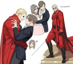 Rule 34 | !?, 1girl, 2boys, bara, belt, black gloves, black jacket, black pants, blonde hair, blue eyes, boots, brown hair, closed mouth, dress, elbow gloves, gloves, hug, jack krauser, jacket, large pectorals, leon s. kennedy, looking at another, manuela hidalgo, mask, medium hair, multiple boys, muscular, muscular male, pants, pectorals, pink dress, red jacket, red pants, resident evil, resident evil: the darkside chronicles, resident evil 4, scar, scar on face, scar on mouth, sheath, sheathed, short hair, sword, tatsumi (psmhbpiuczn), weapon, white gloves