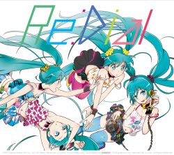 10s 2013 4girls :d album_cover aqua_eyes aqua_hair black_skirt blush cable cover hatsune_miku highres holding long_hair looking_at_viewer mebae microphone multiple_girls multiple_persona open_mouth phone redial_(vocaloid) simple_background skirt smile twintails very_long_hair vocaloid white_background