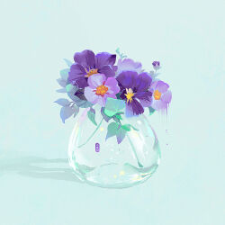 Rule 34 | blue background, flower, huhv., leaf, liquid, no humans, original, plant, purple flower, shadow, simple background, still life, water, water drop