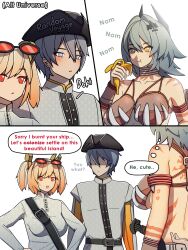 absurdres banana black_hat bra breasts burnice_white caesar_king_(zenless_zone_zero) choker colonialism dagger dorahdew eating eyewear_on_head food fruit grey_eyes grey_hair hat heartbeat highres knife large_breasts red_eyes red_tattoo shirt twintails underwear weapon white_choker white_shirt wise_(zenless_zone_zero) yellow_eyes zenless_zone_zero