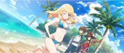 Rule 34 | 1boy, 2girls, ;), armlet, bare legs, bare shoulders, barefoot, beach, belt, belt buckle, bikini, black cloak, black gloves, black hat, black pants, blonde hair, blue bikini, blue eyes, blue sky, blunt bangs, breasts, brown belt, brown hair, buckle, cape, cecily (konosuba), cleavage, cloak, closed eyes, cloud, cloudy sky, day, dress, expressionless, fingerless gloves, game cg, gloves, gold armlet, green cape, green eyes, hair tie, halterneck, hand on own head, hand on own hip, hat, highres, holding, holding staff, horizon, jewelry, kono subarashii sekai ni shukufuku wo!, konosuba! fantastic days, long hair, long sleeves, looking at another, looking at viewer, low-tied sidelocks, mage staff, medium breasts, megumin, multiple girls, navel, ocean, official alternate costume, official art, one eye closed, palm tree, pants, red dress, red eyes, sand, satou kazuma, shirt, short dress, short hair, short hair with long locks, side-tie bikini bottom, sidelocks, sky, small breasts, smile, sparkle, staff, standing, standing on one leg, stomach, sunlight, swimsuit, tree, water, white shirt, wispy bangs, witch hat