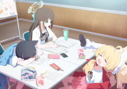 4girls after-school_sweets_club_(blue_archive) airi_(band)_(blue_archive) airi_(blue_archive) animal_ears animal_print black_hair black_shoes blonde_hair blue_archive blue_bow blue_jacket bow brown_hair cat_ears cat_girl cat_print closed_eyes closed_mouth colored_inner_animal_ears feet_on_table game_cg green_eyes green_halo hair_bow hair_ribbon halo highres holding holding_pencil jacket kazusa_(band)_(blue_archive) kazusa_(blue_archive) low_twintails multiple_girls natsu_(band)_(blue_archive) natsu_(blue_archive) non-web_source official_alternate_costume official_alternate_hairstyle official_art open_mouth pencil pink_hair pink_skirt red_jacket red_ribbon ribbon shirt shoes skirt sleeping sleeping_on_desk studying t-shirt twintails white_shirt yoshimi_(band)_(blue_archive) yoshimi_(blue_archive)