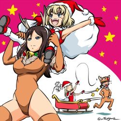 4girls :d animal_costume arm_up bell black_hair blonde_hair blue_eyes bodysuit brown_bodysuit brown_eyes brown_gloves brown_leotard capelet carrying christmas clara_(girls_und_panzer) closed_eyes closed_mouth commentary elbow_gloves expressionless flying_sweatdrops frown fur-trimmed_footwear fur_trim girls_und_panzer gloves hat holding holding_sack katyusha_(girls_und_panzer) kogane_(staygold) leotard long_hair low_twintails lowres mittens multiple_girls neck_bell nina_(girls_und_panzer) nonna_(girls_und_panzer) open_mouth over_shoulder red_capelet red_footwear red_headwear red_mittens red_shorts reindeer_costume reindeer_hat riding running sack santa_costume santa_hat shadow shirt shoes short_hair shorts shoulder_carry sleeveless sleeveless_shirt sleigh smile standing star_(sky) swept_bangs t_t thighhighs twintails twitter_username whipping white_legwear