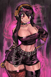 1girl alternate_breast_size alternate_costume asymmetrical_legwear belt black_gloves black_hair black_shorts black_thighhighs breasts chain cleavage closed_mouth collar commentary curvy dagger english_commentary facial_mark fingerless_gloves fishnet_thighhighs fishnets flying_sweatdrops gloves gold_hairband hairband heart heart_facial_mark highres knife large_breasts mismatched_legwear navel nervous_smile red_eyes saiykik short_shorts shorts smile solo spiked_collar spikes spy_x_family stiletto_(weapon) studded_belt thick_thighs thighhighs thighs weapon wide_hips yor_briar