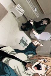 2girls :d artist_name bathroom bathroom_scale black_eyes black_necktie black_pants black_suit bright_pupils brown_hair chainsaw_man clothes_pull commentary english_commentary formal_clothes hair_ornament hairclip hand_up higashiyama_kobeni inkspirate looking_at_viewer loose_necktie multiple_girls necktie open_mouth pants pants_pull parted_lips photo_background power_(chainsaw_man) selfie sharp_teeth shirt sideways sitting smile stool suit teeth thumbs_up tile_floor tiles toilet toilet_use twitter_username twitter_x_logo weighing_scale white_pupils white_shirt