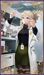 Rule 34 | 1girl, abe (nikke), absurdres, beaker, black sweater, blonde hair, border, card (medium), ceiling, ceiling light, circle, cowboy shot, drawer, goddess of victory: nikke, gold border, green eyes, green skirt, hands up, highres, holding, holding test tube, infinity symbol, lab coat, laboratory, lanyard, long sleeves, looking at object, medicine bottle, name tag, pantyhose, petri dish, ponytail, purple border, ribbed sweater, semi-rimless eyewear, shelf, signature, skirt, solo, star (symbol), sweater, tarot, tarot (medium), test tube, test tube rack, the magician (tarot), thigh strap, turtleneck, turtleneck sweater, yazuki (n y 0714), zipper