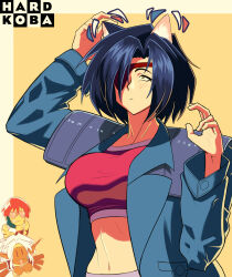 1boy 2girls aisha_clanclan animal_ears artist_name blue_hair breasts cat_ears chibi chibi_inset crop_top eyepatch gene_starwind hardkoba highres hilda_(outlaw_star) kemonomimi_mode large_breasts long_sleeves midriff multiple_girls navel open_clothes outlaw_star short_hair simple_background tagme yellow_eyes