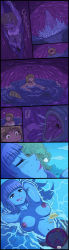 ! 2girls absurdres anko_(karbo) blonde_hair blue_hair blue_skin breasts cleavage colored_skin comic felarya fish giant giantess highres inside_creature karbo medium_breasts mermaid monster_girl multiple_girls navel nipples shirt smile stomach_(organ) tank_top tongue uvula vore water wet white_shirt x-ray