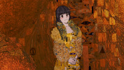 1girl black_hair brown_eyes dress elfen_lied fine_art_parody fur_collar gustav_klimt_(style) highres long_hair looking_at_viewer non-web_source nozomi_(elfen_lied) orange_background own_hands_clasped own_hands_together parody sanah20 smile spiral style_parody tagme triangle