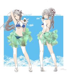 1girl ashigara_(kancolle) ass beer_can bikini blue_bikini breasts brown_hair can drink_can full_body green_sarong grey_eyes hair_ribbon highres kantai_collection medium_breasts multiple_views one_eye_closed ponytail ribbon sarong see-through_clothes see-through_sarong swimsuit tada_(tactical_tada) thong_bikini