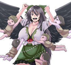 1girl 5boys black_hair black_wings bow breasts collared_shirt colored_skin commentary_request cowboy_shot feathered_wings frilled_shirt frilled_shirt_collar frilled_skirt frills green_bow green_skirt hair_between_eyes hair_bow hanemikakko large_breasts long_bangs long_hair multiple_boys open_mouth puffy_short_sleeves puffy_sleeves purple_skin red_eyes reiuji_utsuho shirt short_sleeves simple_background skirt smile third_eye touhou very_long_hair white_background white_shirt wings