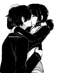 1boy 1girl andrew_graves ashley_graves bite_mark bite_mark_on_neck black_choker black_hair black_shirt black_sweater blush bra_strap breasts brother_and_sister choker cleavage closed_eyes clothes_lift french_kiss hair_over_eyes hand_on_another&#039;s_head hand_on_another&#039;s_waist hetero incest kiss kiss_focus lifting_another&#039;s_clothes long_hair long_sleeves low_ponytail messy_hair monochrome ponytail puff_of_air shirt shirt_lift shorts siblings simple_background sweater the_coffin_of_andy_and_leyley twitter_username watasi_tokimi white_background