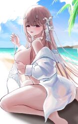 1girl ass bare_shoulders beach bikini blonde_hair breasts covering_breasts covering_privates eong-geum-eong-geum goddess_of_victory:_nikke grabbing_own_breast hair_ornament horns huge_ass huge_breasts kneeling large_breasts long_hair looking_at_viewer looking_back off_shoulder official_alternate_costume open_clothes open_shirt oversized_clothes oversized_shirt pink_eyes shirt sideboob sitting smile swimsuit thick_thighs thighs unworn_bikini_top viper_(nikke) viper_(shine_of_love)_(nikke) wariza white_bikini white_horns white_shirt