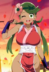1girl blush breasts cosplay dark-skinned_female dark_skin falling_petals flower green_eyes green_hair hair_flower hair_ornament jhon117 large_breasts long_hair mallow_(pokemon) ninja nintendo one_eye_closed pelvic_curtain petals pokemon pokemon_sm shiranui_mai shiranui_mai_(cosplay) sunset twintails very_long_hair