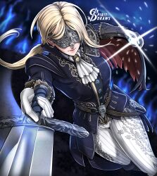 1girl absurdres artist_logo ascot blonde_hair blue_coat brooch coat covered_eyes dagger duchess_(elden_ring) eye_mask gloves highres holding_stopwatch jewelry knife logo looking_at_viewer non-circular_lens_flare pants pointing_melee_weapon ponytail sheath spiritdraws stopwatch watch weapon white_ascot white_gloves white_pants
