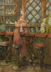 1boy 1girl absurdres alcohol bar_(place) bar_stool body_fur boots bottle brown_footwear buttons capelet coat commentary crossed_legs cup drinking_glass elbow_rest facial_hair facing_away final_fantasy final_fantasy_ix freija_crescent from_behind full_body furry furry_female green_vest grey_hair hat hatching_(texture) highres indoors knee_boots mouse_girl mouse_tail mustache red_capelet red_coat red_headwear shelf shinichi_kobe short_hair sitting solo_focus stirrup_footwear stool tail toeless_legwear toes vest white_fur white_hair window winged_hat