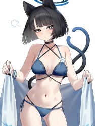 animal_ears bikini black_eyes black_tail blue_archive blue_bikini blue_halo blue_tail cat_ears cat_girl cat_tail colored_inner_animal_ears criss-cross_halter criss-cross_straps gradient_tail halo halterneck highres kikyou_(blue_archive) kikyou_(swimsuit)_(blue_archive) layered_bikini multiple_tails official_alternate_costume swimsuit tail two_tails wakamepiza
