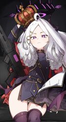 1girl absurdres ahoge black_halo black_thighhighs blue_archive breasts crown demon_girl demon_horns demon_wings gun halo highres hina_(blue_archive) holding holding_gun holding_weapon horns long_hair looking_at_viewer machine_gun mg42 mouchu panties purple_eyes skirt small_breasts solo standing thighhighs thighs underwear weapon white_hair white_panties wings zettai_ryouiki