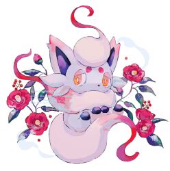 flower highres hisuian_zorua looking_to_the_side nintendo no_humans pokemon pokemon_(creature) red_flower simple_background solo su_(sajo_su5) twitter_username white_background yellow_eyes
