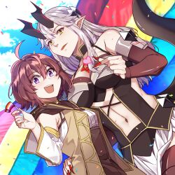 :d ahoge breasts brown_hair brown_lips color-les commentary couple dragon_girl dragon_horns dragon_tail english_commentary fingernails flag hand_on_another&#039;s_hip heart heart_hands height_difference highres holding holding_flag horns large_breasts lesbian_flag lgbt_pride lips long_hair mage_and_demon_queen malori_crowett monster_girl navel off_shoulder official_art open_mouth pointy_ears purple_eyes red_nails sharp_fingernails short_hair small_breasts smile tail teeth upper_teeth_only velverosa yellow_eyes yuri