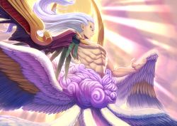 Rule 34 | 1boy, abs, absurdres, angel wings, backlighting, final fantasy, final fantasy vii, floating, green eyes, hair slicked back, highres, koi drake, long hair, outstretched arms, safer sephiroth, sephiroth, serious, silver hair, solo, square enix, topless male, very long hair, wings