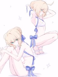 Rule 34 | 1girl, ahoge, ame amean, artoria pendragon (fate), bikini, blonde hair, blue ribbon, bow, bow bikini, braid, braided bun, breasts, commentary, fate/stay night, fate (series), green eyes, hair bun, hair ribbon, highres, looking at viewer, multiple views, ribbon, saber (fate), sandals, side-tie bikini bottom, sidelocks, simple background, small breasts, swimsuit, symbol-only commentary, white background, white sandals