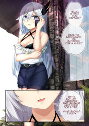 1girl arm_rest bare_shoulders belt blue_eyes blush breasts cecilia_schariac cleavage collarbone commentary cowboy_shot criss-cross_halter english_commentary english_text hair_between_eyes hair_ornament halterneck highres honkai_(series) honkai_impact_3rd large_breasts long_hair off_shoulder open_mouth phone sheita shorts silver_hair smile speech_bubble