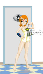 1girl absurdres anger_vein angry bathroom ben_10 ben_tennyson blush catching door grey_matter_(ben_10) gwen_tennyson hair_ornament highres jago_dibuja long_legs mini_person naked_towel orange_hair short_hair tagme towel towel_around_waist yellow_eyes
