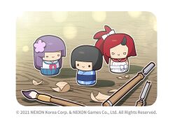 Rule 34 | black hair, black horns, blue archive, blue haori, character doll, chisel, commentary, doll, donmin h, english commentary, floral print, flower, front bow, hair flower, hair ornament, haori, hip vent, horns, japanese clothes, kikyou (blue archive), long hair, neckerchief, no humans, obi, official art, paintbrush, ponytail, purple hair, red hair, red neckerchief, red sailor collar, renge (blue archive), sailor collar, sash, school uniform, second-party source, serafuku, short hair, sideless outfit, sideless shirt, single horn, skirt, smile, table, yukari (blue archive)