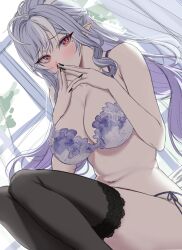 1girl absurdres armpit_crease black_nails black_thighhighs blush bra breasts cleavage collarbone covered_mouth covering_own_mouth curtains dutch_angle floral_print floral_print_bra hair_intakes hands_up highres indoors knees_up lace lace-trimmed_thighhighs lace_trim large_breasts long_hair looking_at_viewer mole mole_under_eye multicolored_hair navel nompang own_hands_together panties pointy_ears print_bra purple_bra purple_hair purple_panties red_eyes side-tie_panties sitting solo stomach streaked_hair swept_bangs thighhighs two-tone_hair underwear vivian_banshee white_hair window zenless_zone_zero